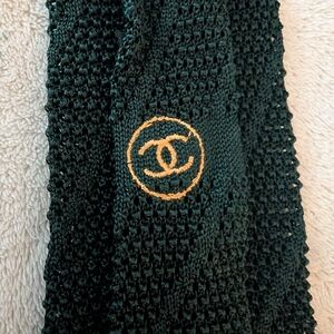 Vintage Chanel Paris Dark Green Knit Silk Tie with Gold CC Logo and Chain Detail